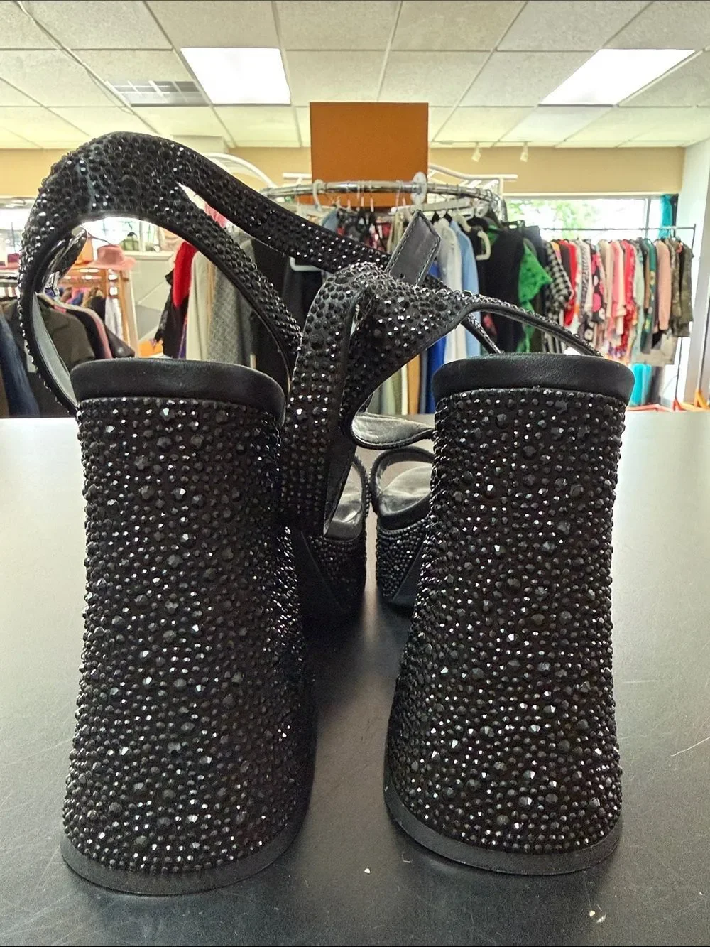 Gianni Bini Black Crystal Platform Block Heel Sandals